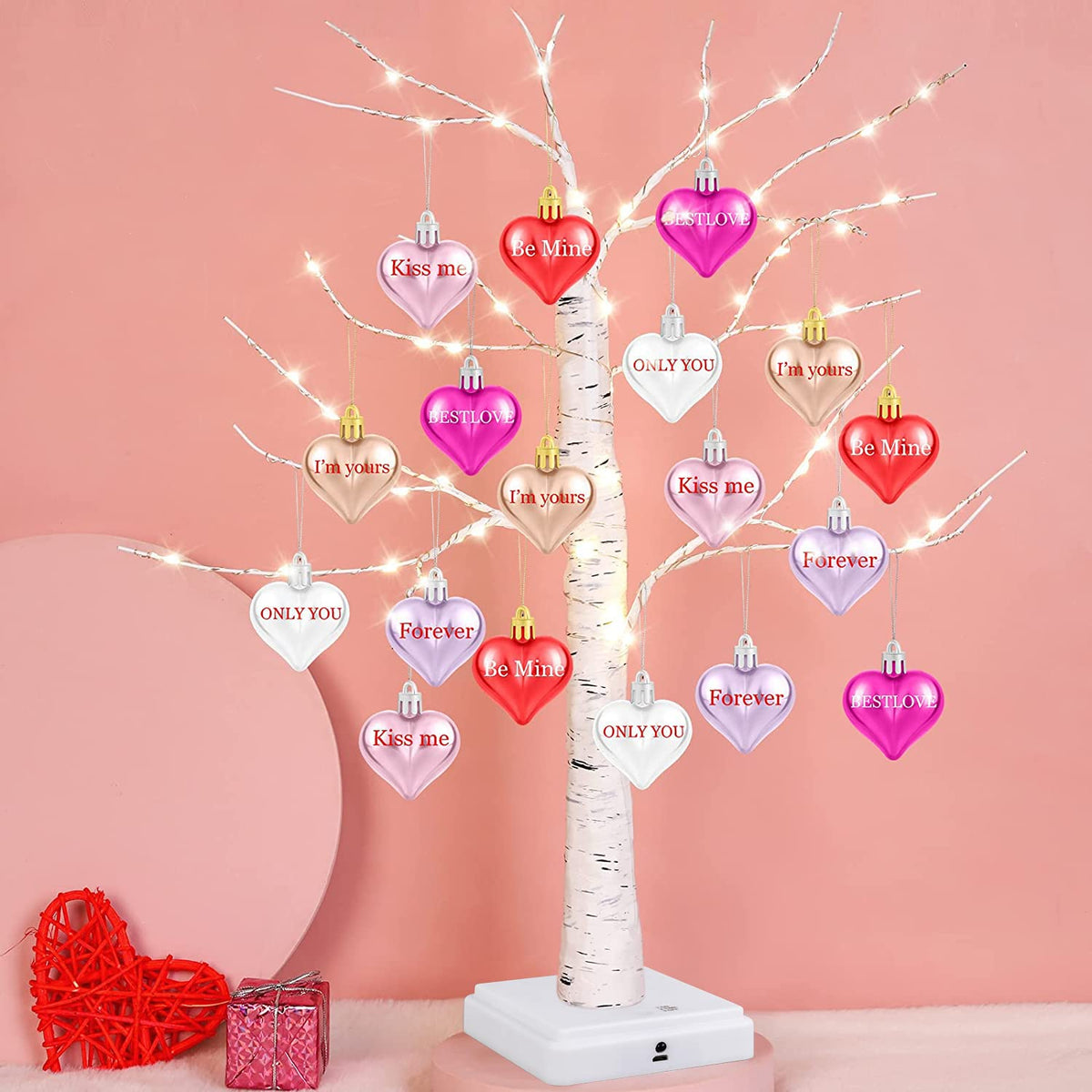 Valentine's Day Tree Decoration with LED Lights 21.7 Inch Tabletop Birch Tree with Timer Battery USB Powered with Valentine's Day Heart Ornaments for Home Valentine Wedding Decor