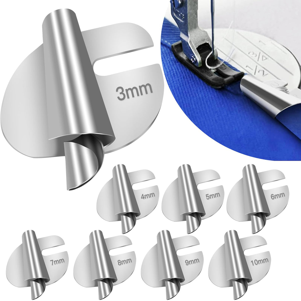 Sewing Rolled Hemmer Foot 8PCS Rolled Hem Presser Foot 3/4/5/6/7/8/9/10mm 8 Sizes Wide Rolling Hem Foot Sewing Machine Presser Feet Hemmer Home Industrial Curved Scroll Hemming Feet