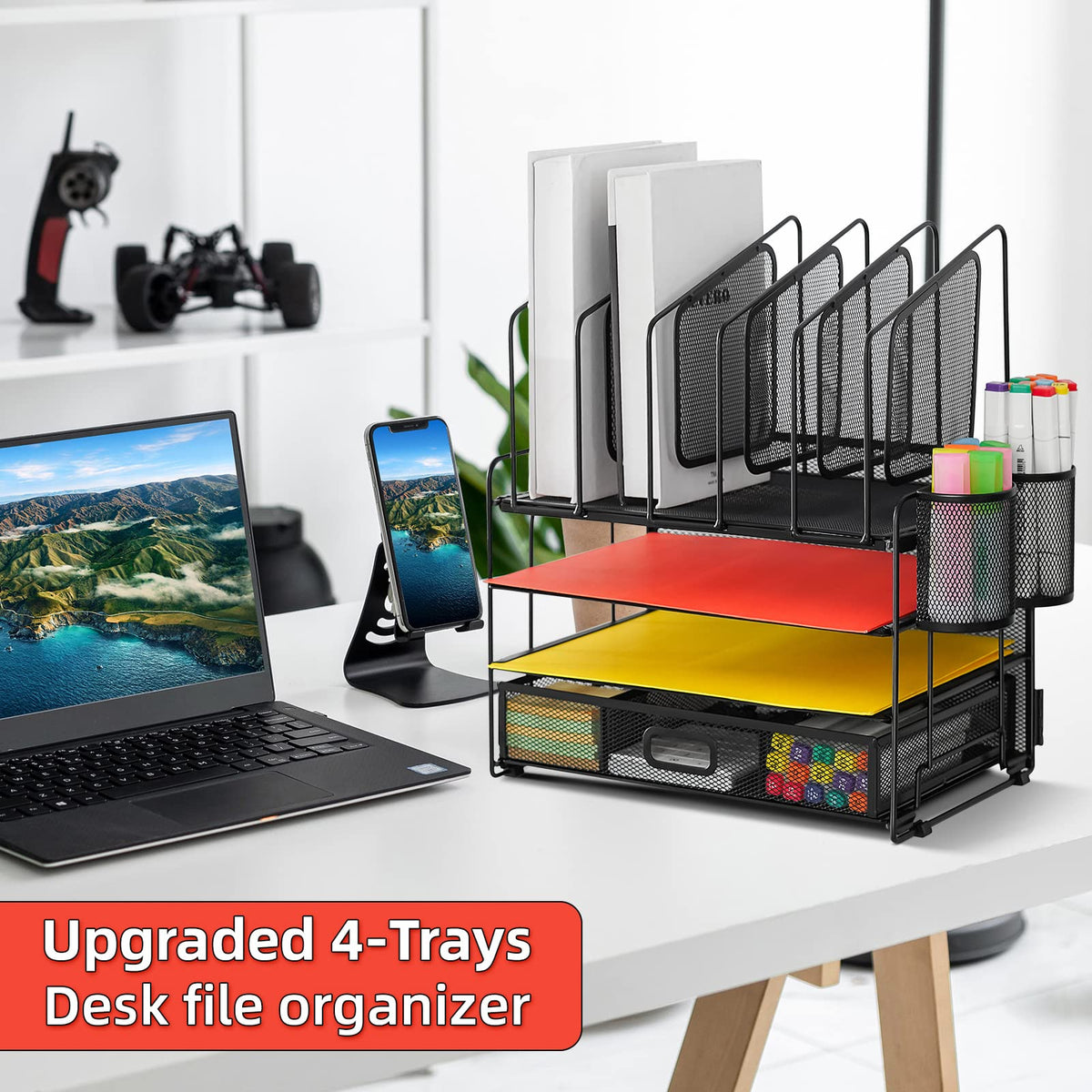 Marbrasse Desk Organizer with Drawer, 4-Tier Mesh Desk File Organizer with 5 Vertical File Holders and 2 Pen Holders, Multifunction Desktop Organizer