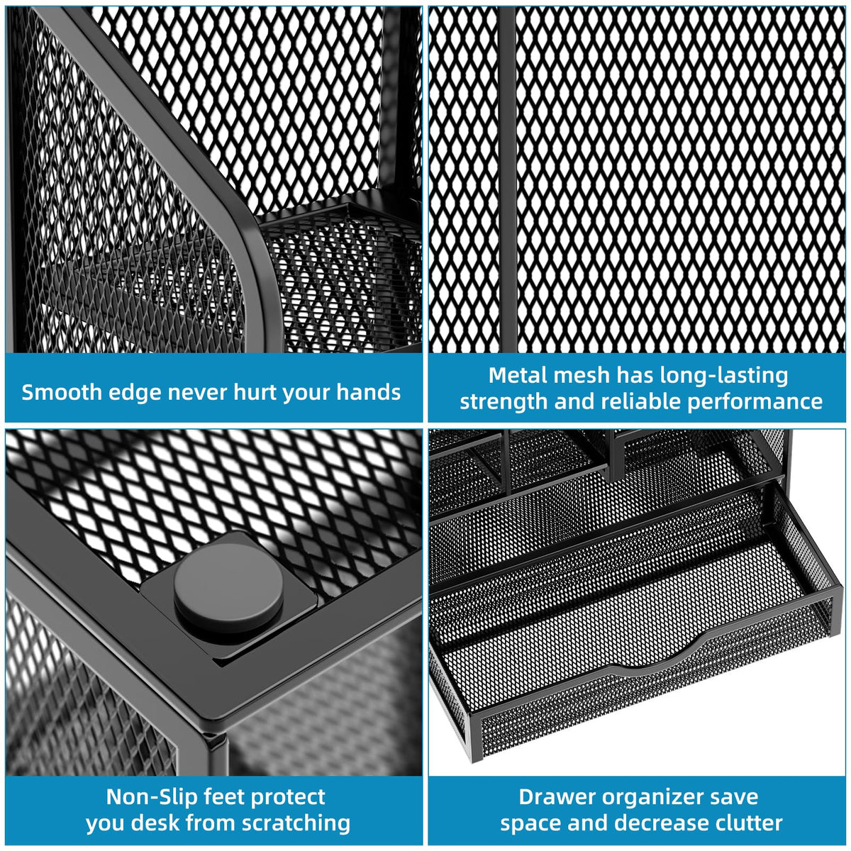 Marbrasse Mesh Pen Holder for Desk, Multi-Functional Pencil Organizer with Drawer, Desk Organizers and Accessories for Office Art Supplies (Black)