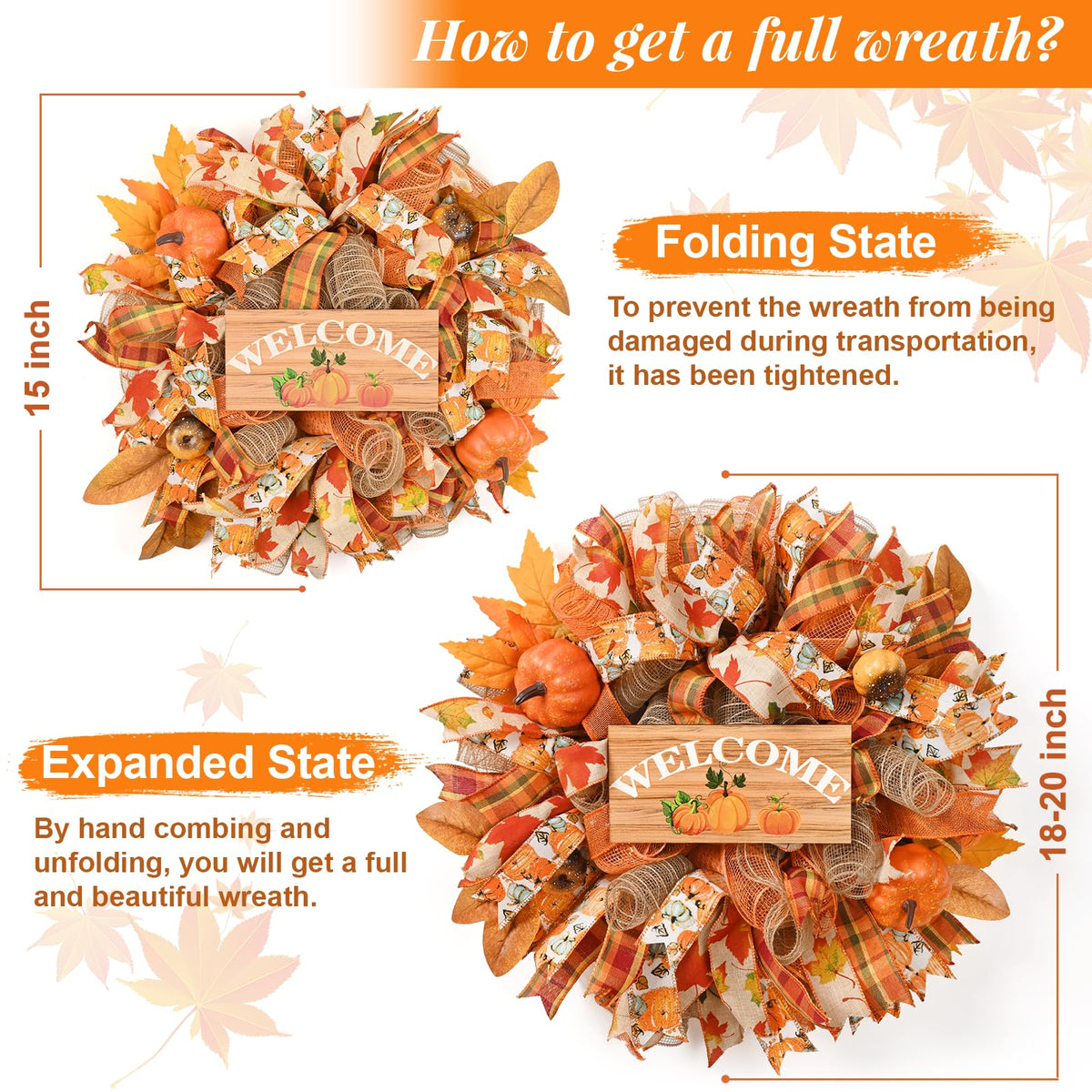 Waipfaru Fall Wreaths for Front Door, Fall Mesh Wreath with Wooden Sign Fishnet Yarn Autumn Pumpkin, Thanksgiving Halloween Decorations for Home, Porch Decor(18-20 Inch)