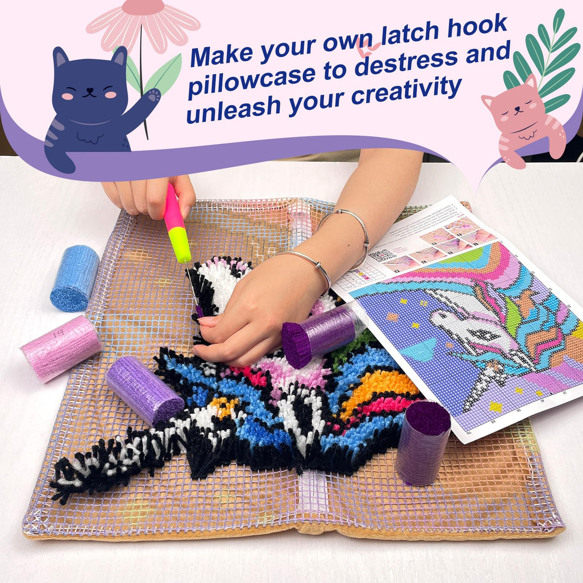 Blue Butterfly Latch Hook Kits for Adults, Beginners Insect Latch Hook Rug Starter Kit Pre-Printed Carpet Making Set DIY Handmade Wall Hanging Craft for Home Decoration 20x15 inch