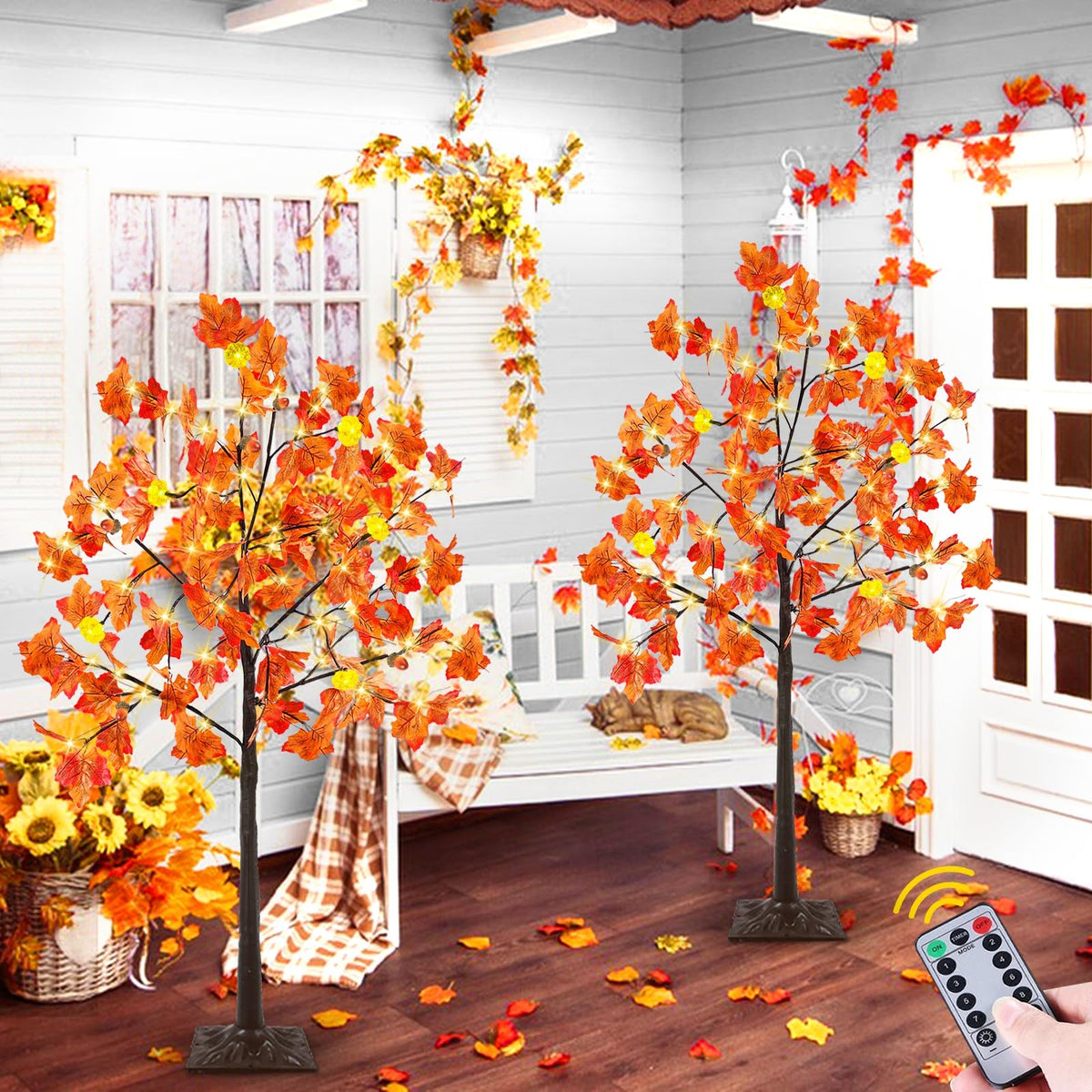 Remote Control&Timer - 2Pack 4 Ft Prelit Lighted Fall Maple Tree 96LED