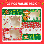 24 PCS Christmas Foil Treats Cookie Gift Boxes (8.75" x 5.75" x 2.75") Colorful Pattern Bakery Box with Window for Xmas Holiday Birthday Party Pastries, Cupcakes, Brownies, Donuts Gift-Giving