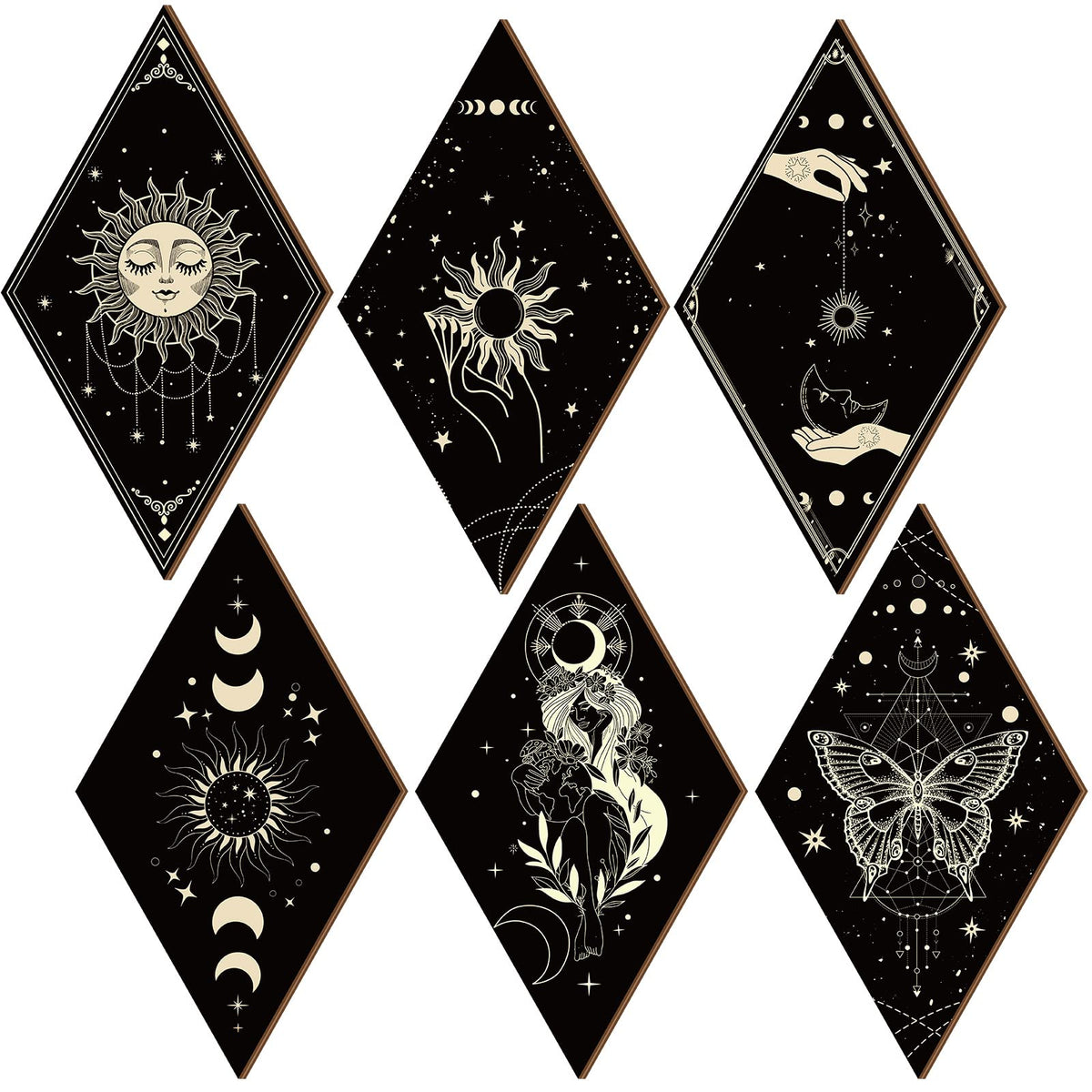 6 Pieces Boho Wall Decor Sun Moon Phases Wall Art Gothic Minimalist Stars Sun Hanging Wooden Home Decor Farmhouse Pediments for Gallery Living Bedroom Room(Boho)