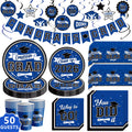 DAZONGE Graduation Decorations 2026 Blue, 265pcs Graduation Party Decorations 2026, Disposable Tableware Set for 50 Guests, Plates, Cups, Tablecloth with Congrats Grad Hanging Decor