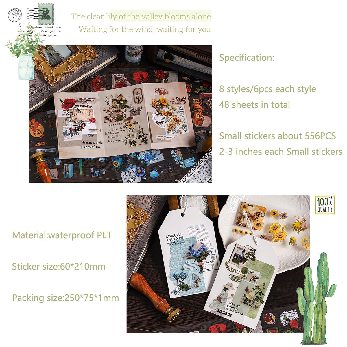 Ptyism 556 Pcs/48 Sheets Stickers for Scrapbooking,Scrapbook Flower Stickers for Scrapbooking Art Journal Bullet Journal Accessories