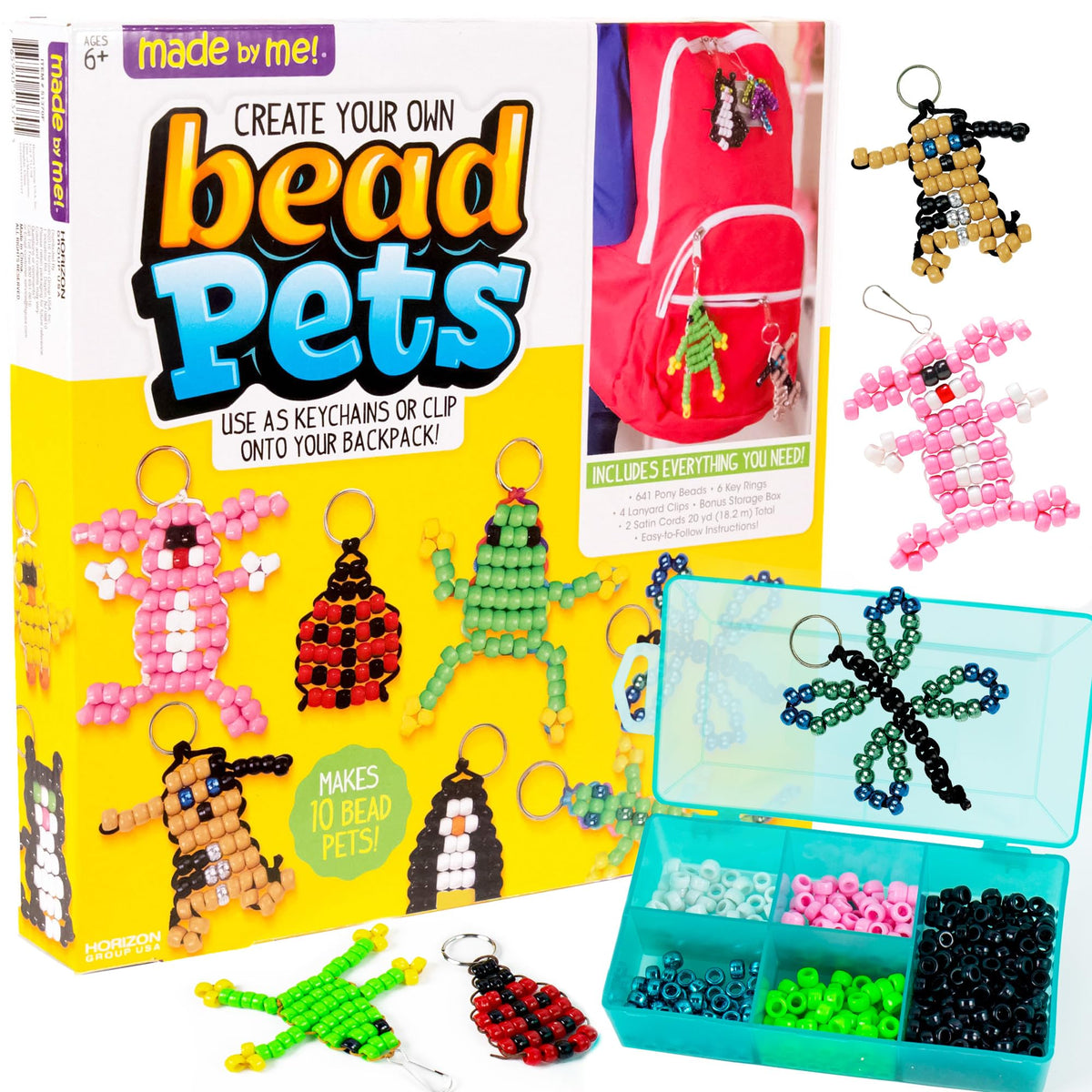 Made By Me Create Your Own Bead Pets by Horizon Group Usa, Includes Over 600 Pony Beads, 6 Key Rings, Storage Box & Much More