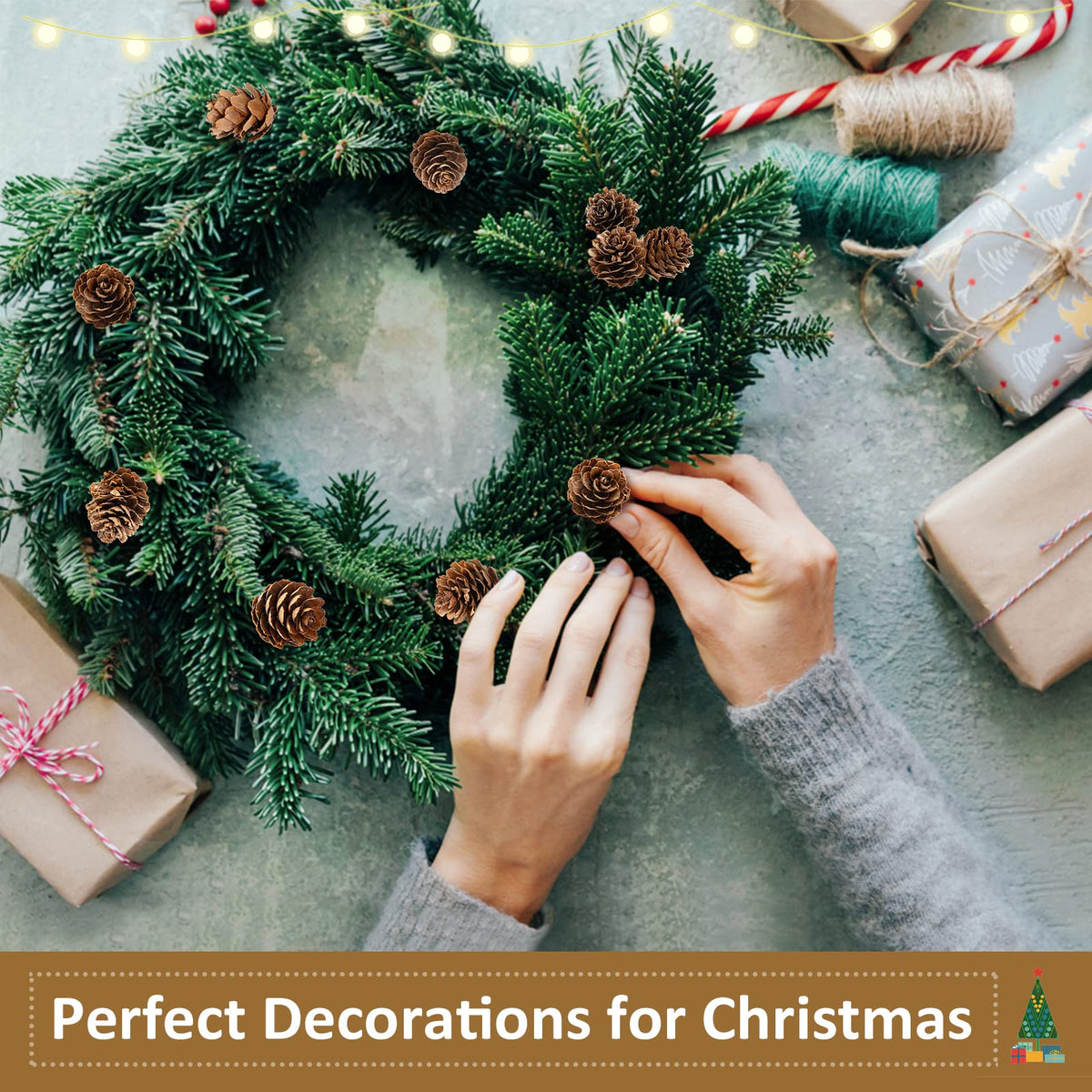1" Natural Mini Pine Cones Christmas Ornaments - 40 Pcs Hanging Pinecone Crafts with Strings, Bulk Rustic Yule Decoration for Tree Table Garland Wreath Gift Tag Vase Filler
