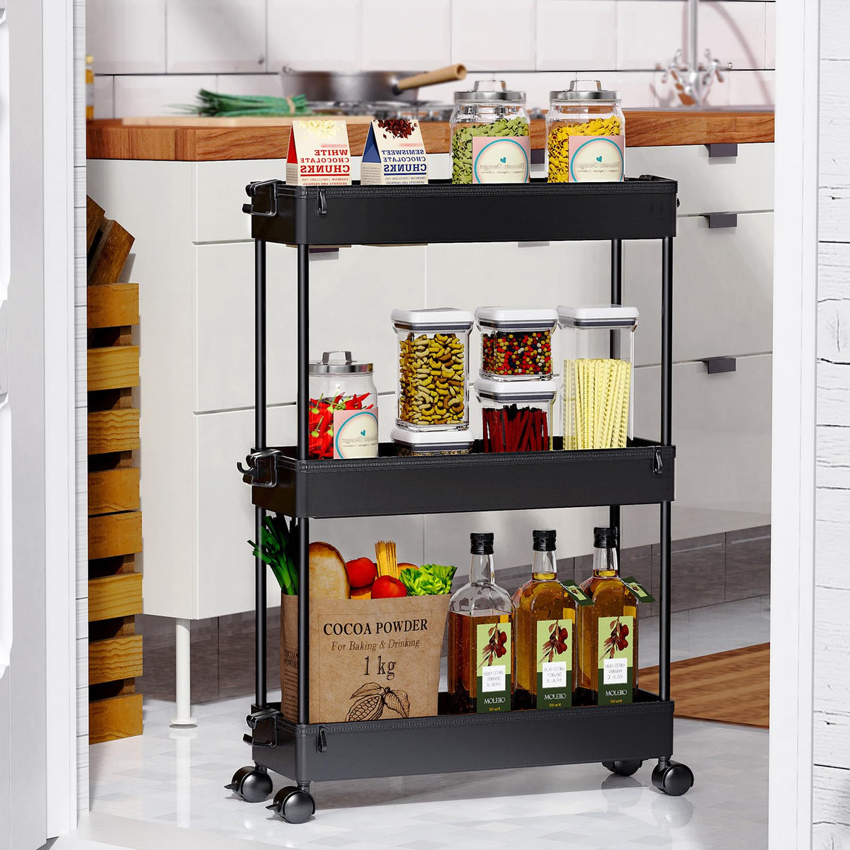 SPACEKEEPER Slim Rolling Storage Cart, Laundry Room Organization, 3 Tier Mobile Utility Shelving Unit Bathroom Organizer Storage for Kitchen, Narrow Places(Black)