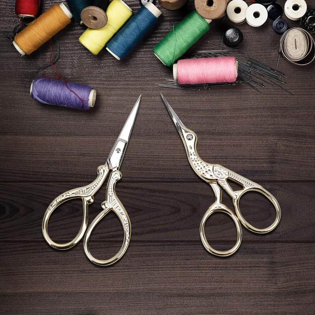 Embroidery Scissors, Stainless Steel Sharp Stork Scissors for Sewing Crafting, Art Work, Threading, Needlework - DIY Tools Dressmaker Small Shears - 2 Pcs (3.6 Inches, Gold)