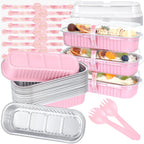 JuneHeart Mini Loaf Pans with Lids and Spoons, 30 Pack, Pink, 6.8oz, Rectangular Aluminum Foil Baking Pans