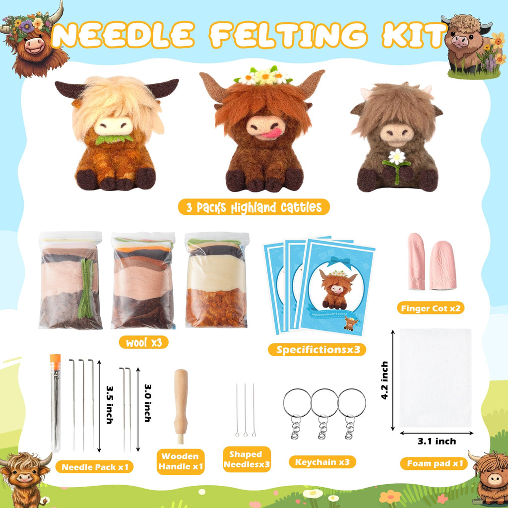 Highland Cow Needle Felting Kit - Set of 3 Different Highland Cow Doll Wool Felt Needle Felting Tools Foam Pad, DIY Home Decoration Needle Felting Craft Party Supplies for Beginners