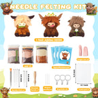 Highland Cow Needle Felting Kit - Set of 3 Different Highland Cow Doll Wool Felt Needle Felting Tools Foam Pad, DIY Home Decoration Needle Felting Craft Party Supplies for Beginners