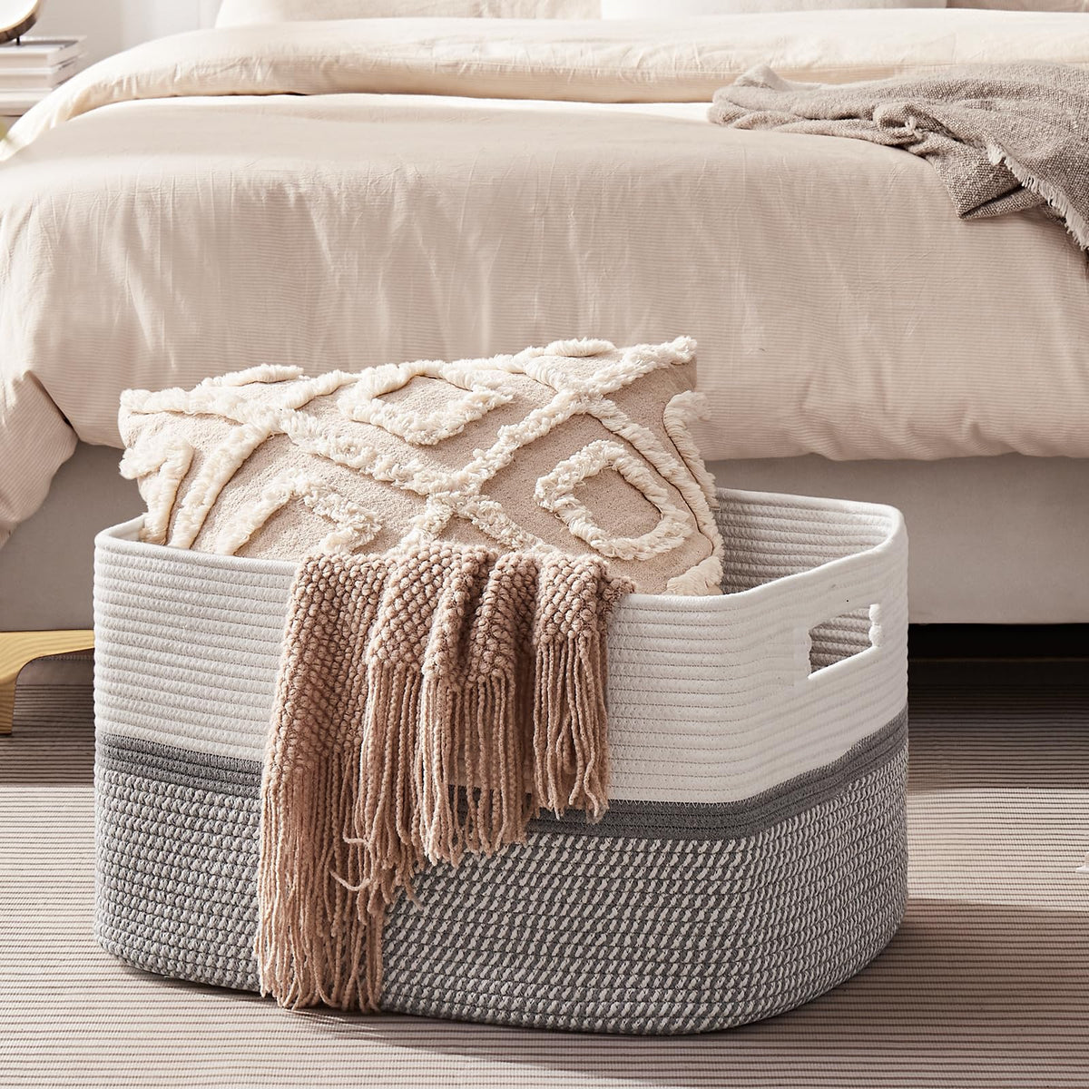 OIAHOMY Extr Large Toy Storage Basket, Rectangle Cotton Rope Storage Basket, Blanket Basket Living Room, Woven Baskets for Organizing, 25 x 17x 12 Inches-Grey/White