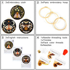 Hand Embroidery Starter Kits for Beginners Adults, Counted Stamped Cross Stitch Kit for Beginners Adults, Embroidery Needlepoint Kit with Moth Flower Pattern, 3 Hoops (Attached Teaching Video QR Code)