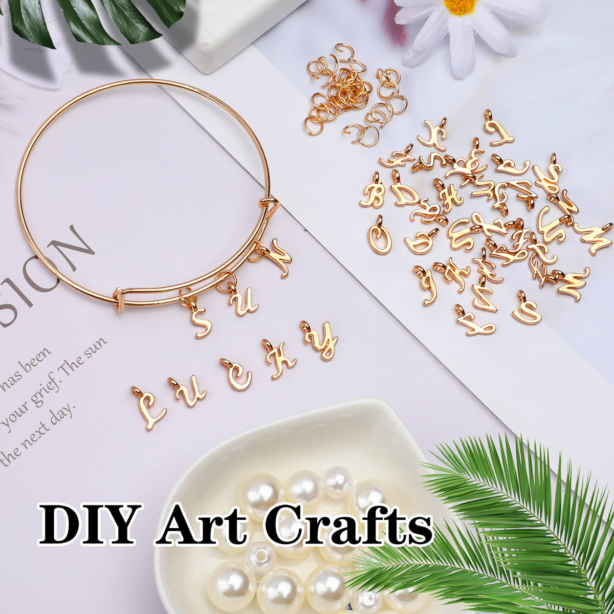 156Pcs/6 Sets Gold Letter Charms with 200Pcs Open Jump Rings for Jewelry Making, Alphabet A-Z Pendants for DIY Bracelet Necklace Craft Projects