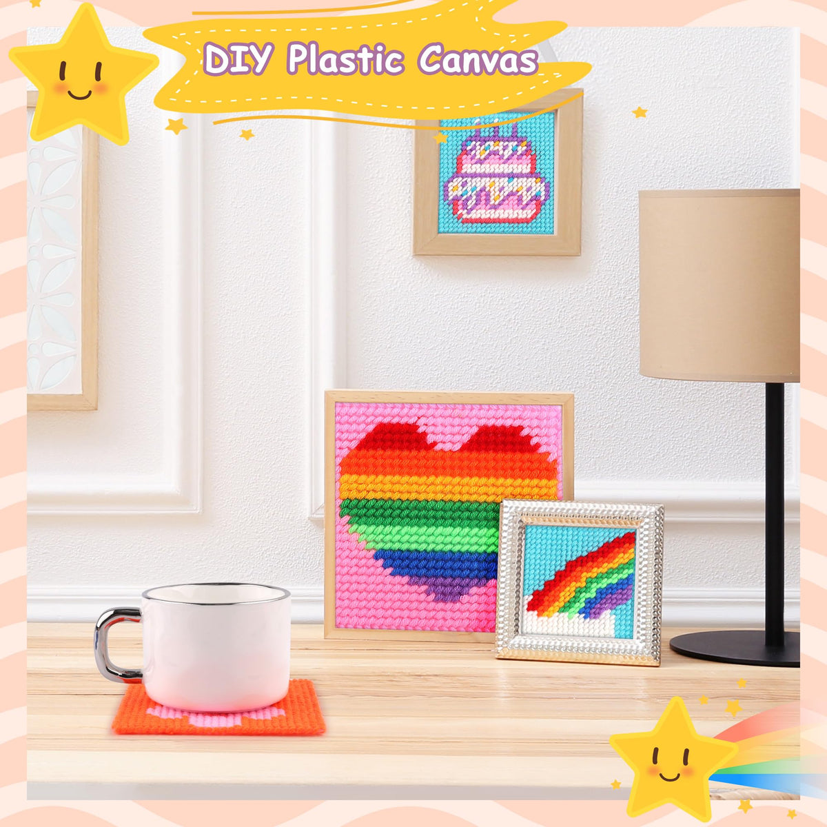 Pllieay Cross Stitch Kits for Beginners 12in1 Cross Stitch Kits for Kids Embroidery Kit Includes 12pcs Blank Plastic Mesh Canvas, 16 Yarns, 6 Embroidery Needles, Needlepoints Starter Sewing Set