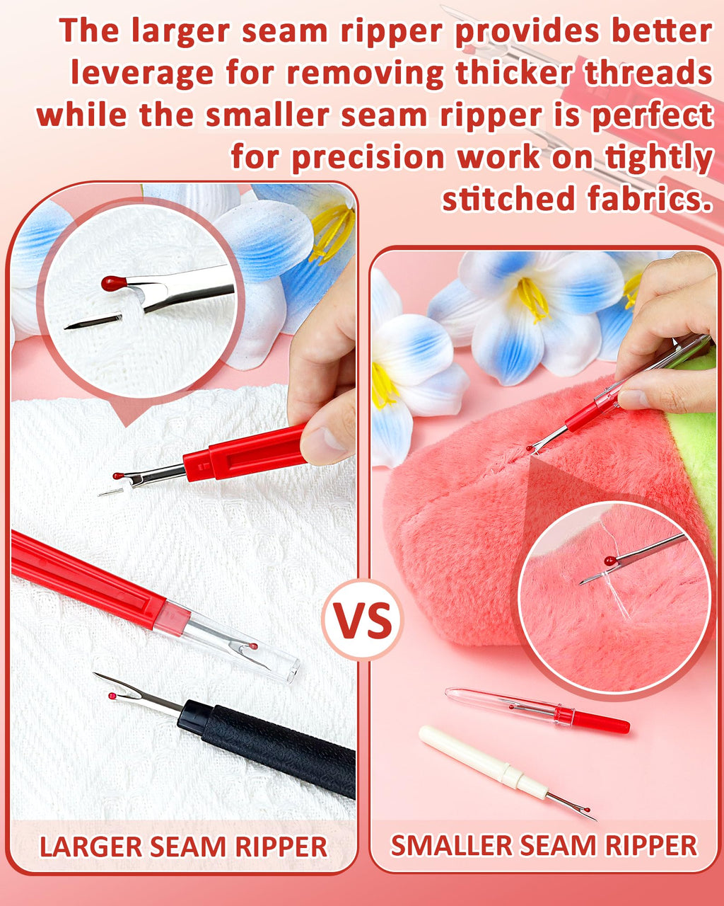FIVEIZERO Seam Rippers for Sewing – 2 Big and 2 Small Stitch Remover Tools, Thread Ripper, Embroidery Removal Tool with Thread Snips