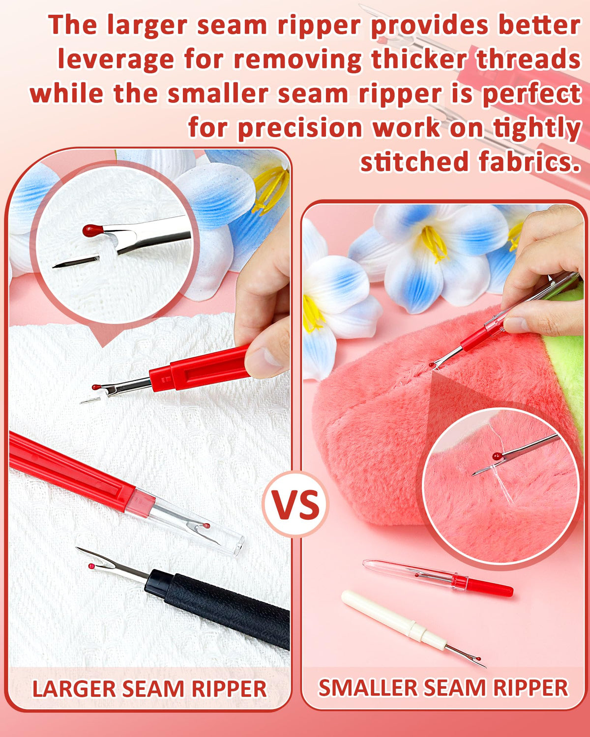 FIVEIZERO Seam Rippers for Sewing – 2 Big and 2 Small Stitch Remover Tools, Thread Ripper, Embroidery Removal Tool with Thread Snips