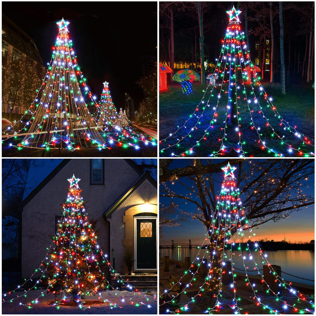 Outdoor Christmas Lights 344 LED Christmas Star Lights with 9 Strands 11.9ft Waterfall Tree Lights, 8 Modes, Waterproof & Timer for Garden Yard Patio Outdoor Xmas Decorations，Red Green White