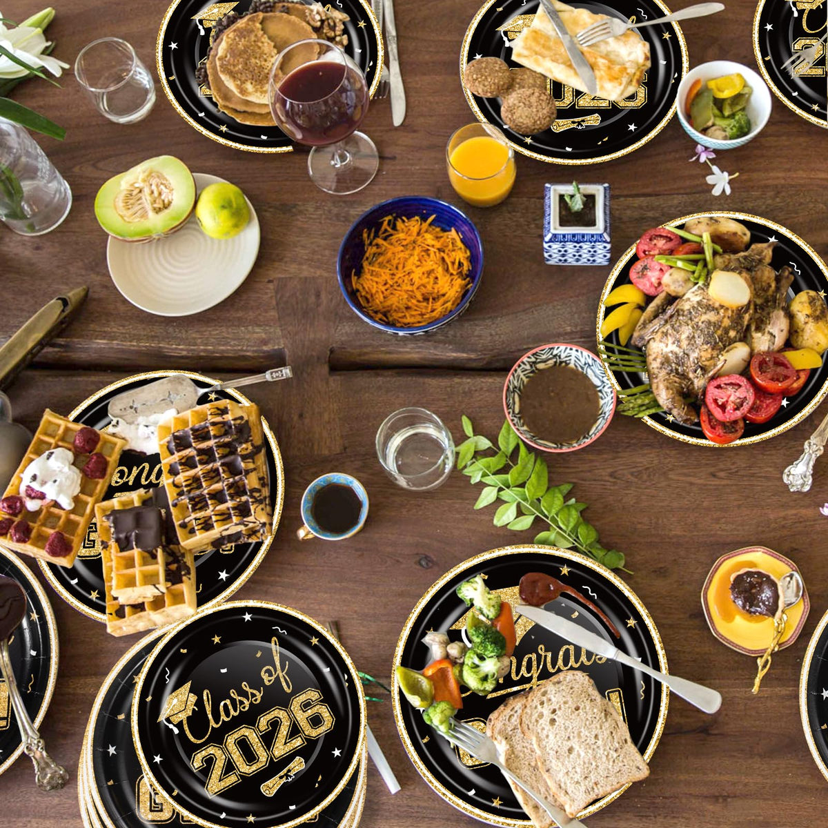 2026 Graduation Party Supplies Tableware Set - 200 Pcs Black Gold Graduation Plates and Napkins Class of 2026 Disposable Dinnerware for College High School Congrats Graduation Party favors, Serve 50