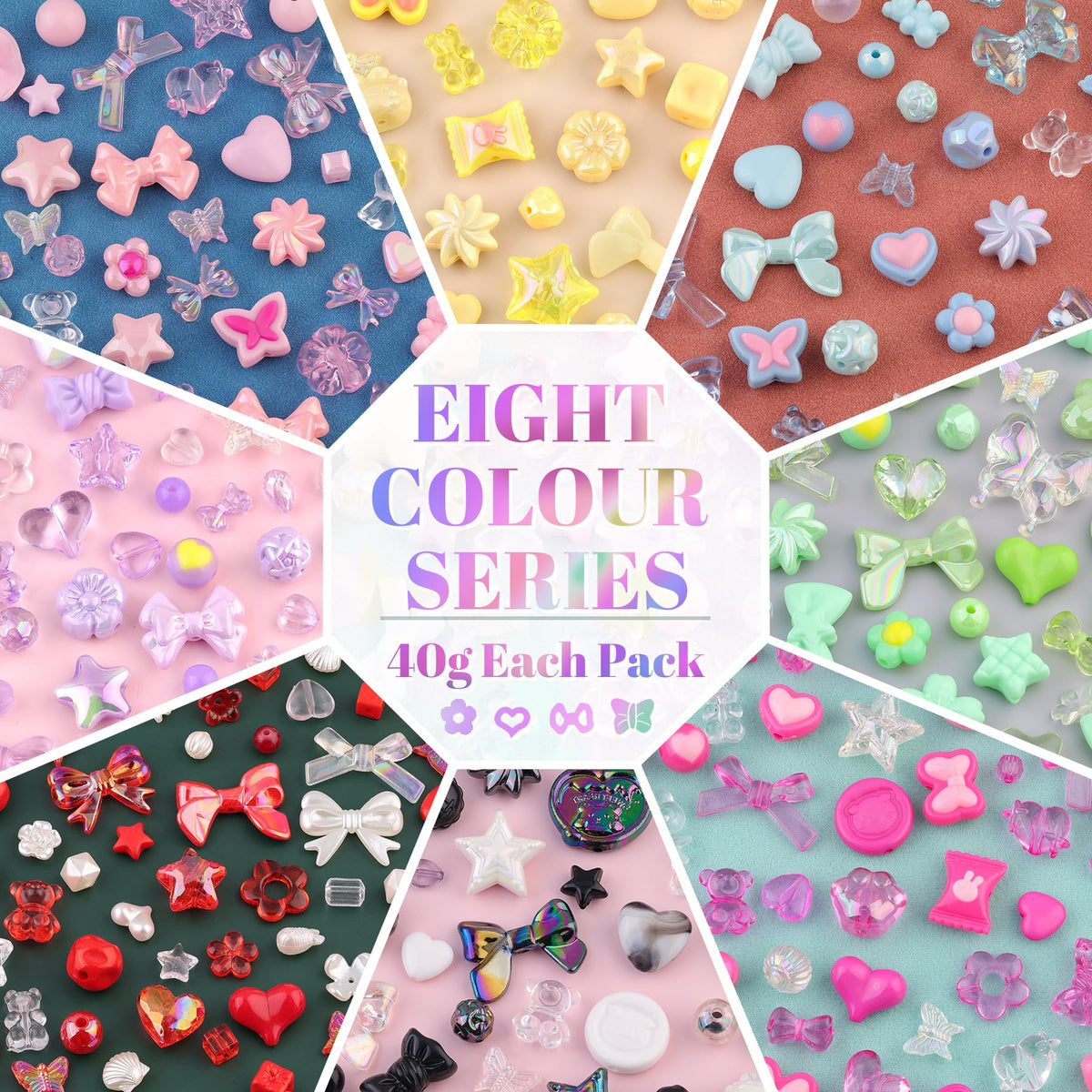 TINKRSTUFF Assorted 400PCS 8 Colors Mixed Acrylic Beads for Bracelet Making, Flower Bow Butterfly GummyBear Aesthetic Bracelet Charms,Cute Beads for Jewelry Making DIY Necklace Keychain Phone Charm