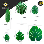 108 Pack Palm Leaves Artificial Tropical Monstera - 6 Kinds Large Small Green Fake Palm Leaf with Stems for Safari Jungle Hawaiian Luau Party Table Decoration Wedding Birthday Theme Party Decorations