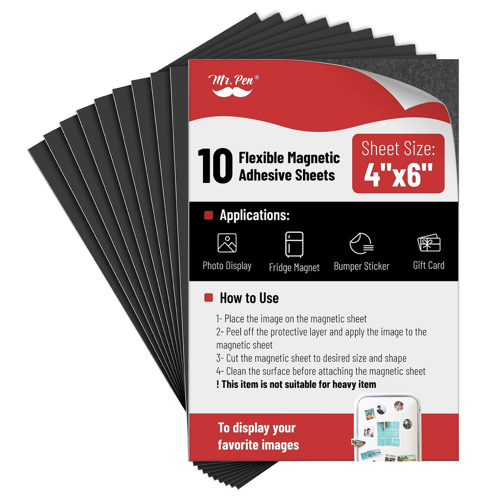 Mr. Pen- Adhesive Magnetic Sheets, 4" x 6", 10 Pack, with Adhesive Backing, Flexible Picture Magnets, Cuttable Magnetic Sheets.