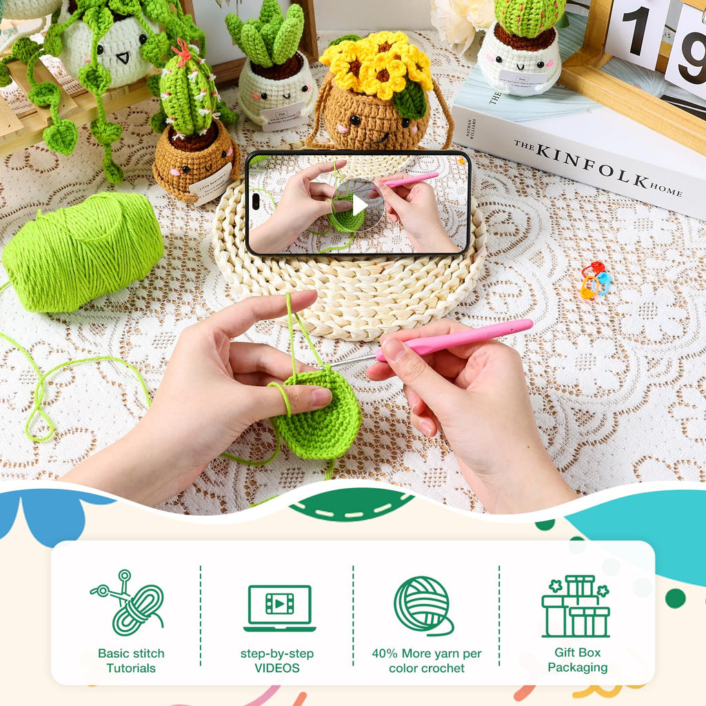Imcrasy Crochet Kit for Beginners with Step by Step Video Lessons | 6 PC Potted Plants and Succulent Family Crochet Kit with Accessories (40%+ Yarn)