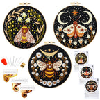 Hand Embroidery Starter Kits for Beginners Adults, Counted Stamped Cross Stitch Kit for Beginners Adults, Embroidery Needlepoint Kit with Moth Flower Pattern, 3 Hoops (Attached Teaching Video QR Code)