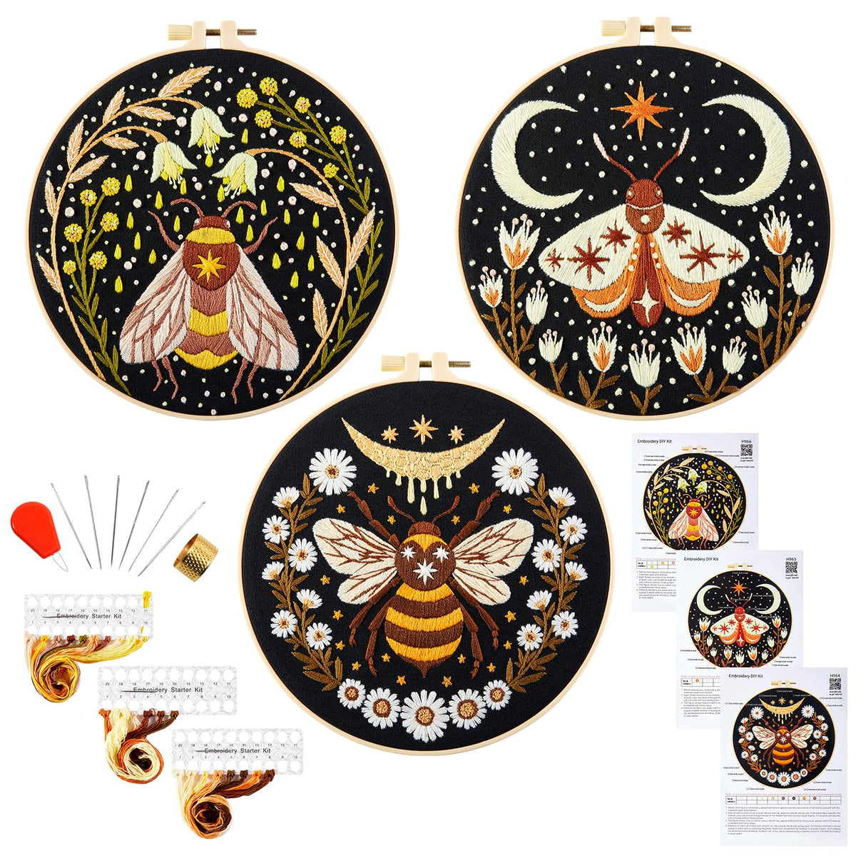 Hand Embroidery Starter Kits for Beginners Adults, Counted Stamped Cross Stitch Kit for Beginners Adults, Embroidery Needlepoint Kit with Moth Flower Pattern, 3 Hoops (Attached Teaching Video QR Code)