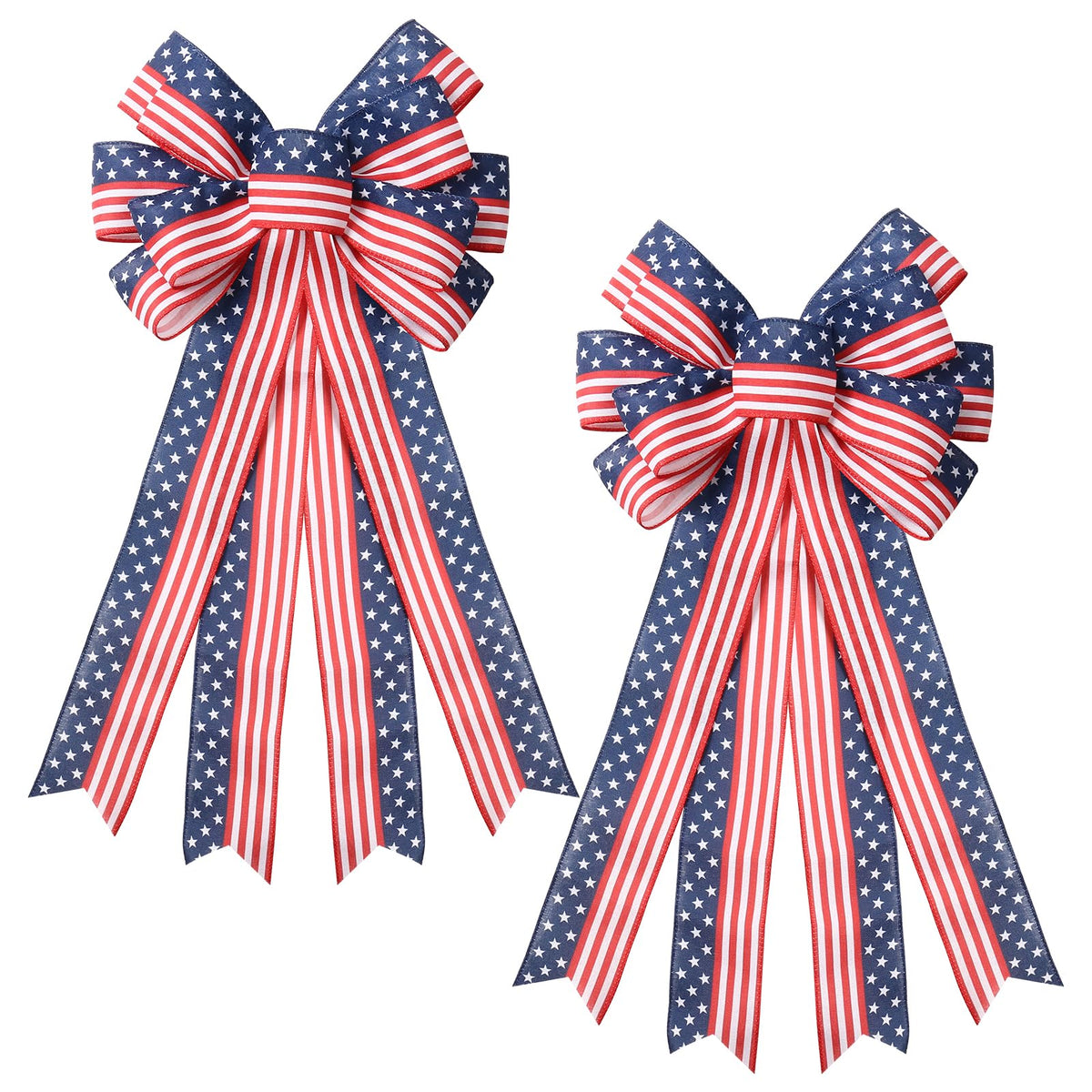 SY Super Bang 2PCS 4th of July Decorations, Red White Blue Wreath Decor for Front Door, Stripe Stars Tree Topper Patriotic Bows, for Independence Day, Memorial Day, Indoor/Outdoor Home Holiday Party.