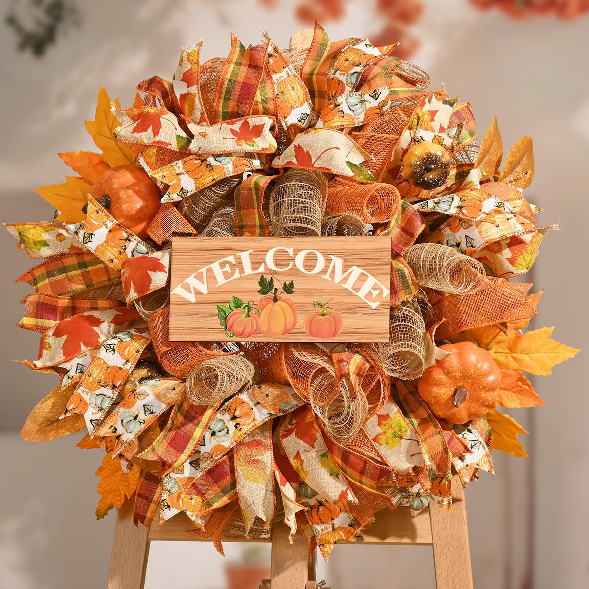 Waipfaru Fall Wreaths for Front Door, Fall Mesh Wreath with Wooden Sign Fishnet Yarn Autumn Pumpkin, Thanksgiving Halloween Decorations for Home, Porch Decor(18-20 Inch)