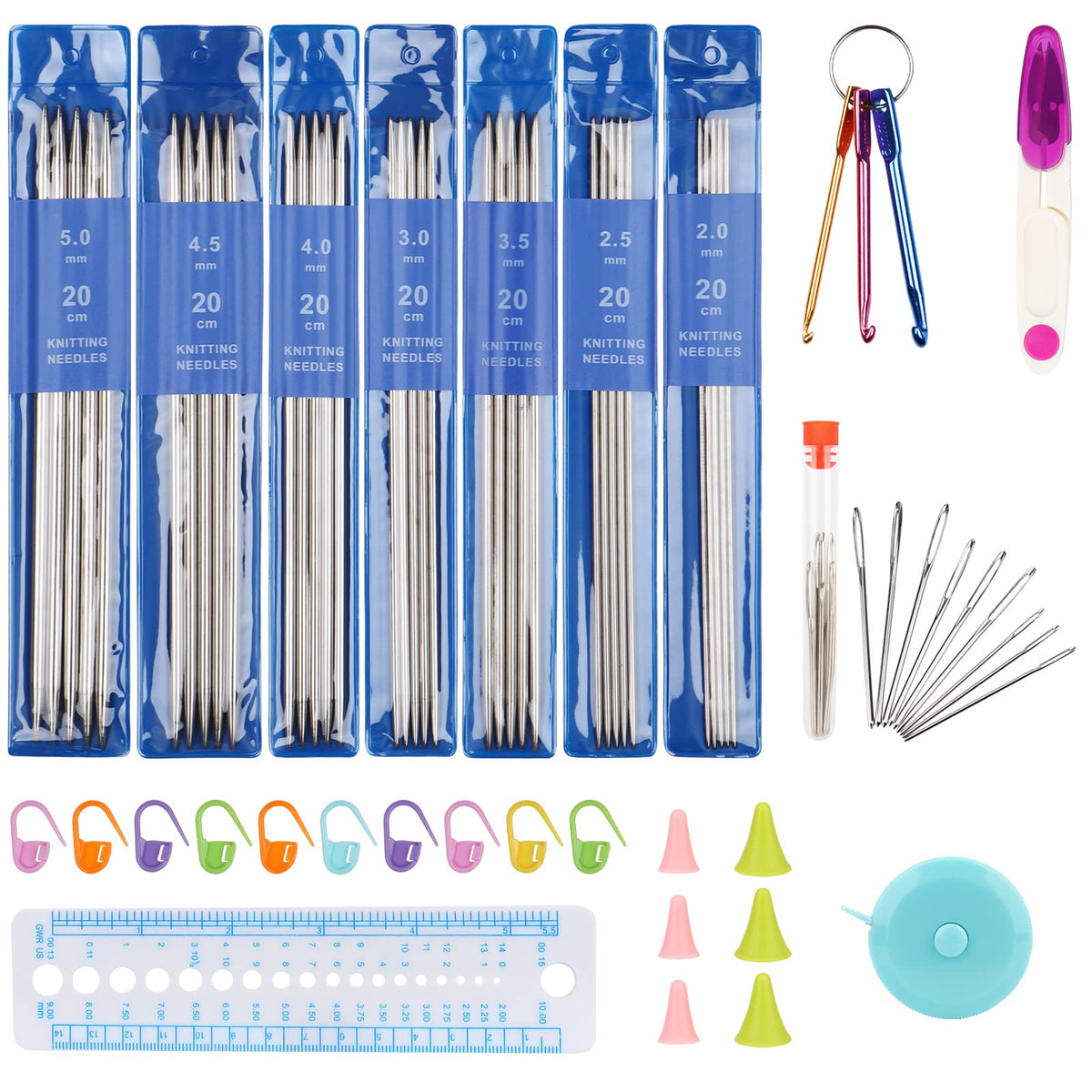 Coopay Double Pointed Knitting Needles Set 7.9", 35 PCS Stainless Steel Straight Knitting Needles 2.0mm-5.0mm, Double Ended Sweater Knitting Set Knitting Needle Kit with Knitting & Crochet Supplies