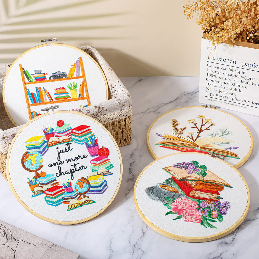 4 Set Embroidery Kit for Beginners Adults Book Lovers Funny Cross Stitch Embroidery Kit with Bamboo Hoops Needles Threads Instructions Needle Threader(Classic)