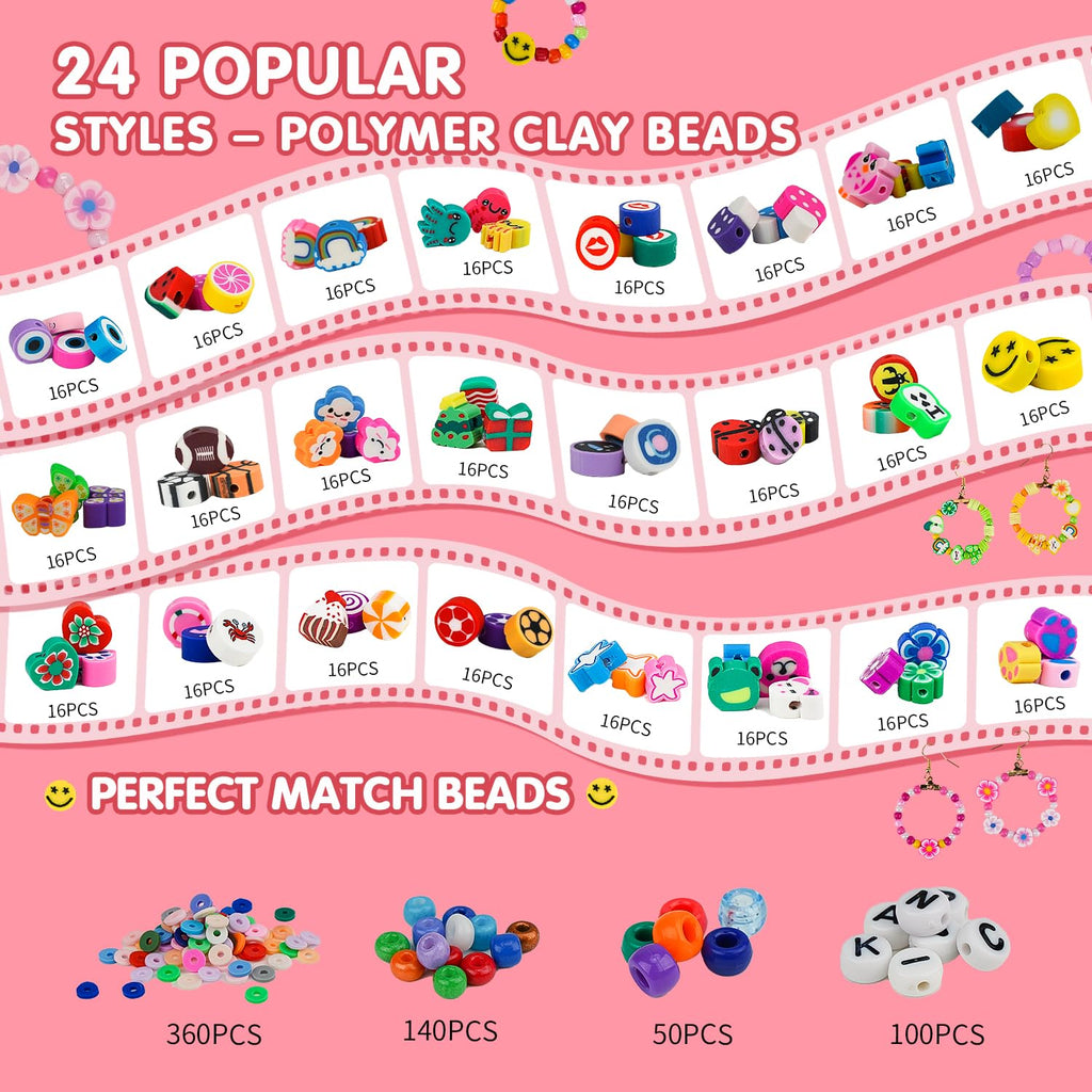 1000PCS Polymer Clay Beads Bracelet Making kit, 24 Style Cute Fun Fruit Flower Rainbow Butterfly Animal Heart Star Beads Charms for Jewelry Necklace Making Gift for Girls Kids