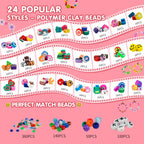 1000PCS Polymer Clay Beads Bracelet Making kit, 24 Style Cute Fun Fruit Flower Rainbow Butterfly Animal Heart Star Beads Charms for Jewelry Necklace Making Gift for Girls Kids