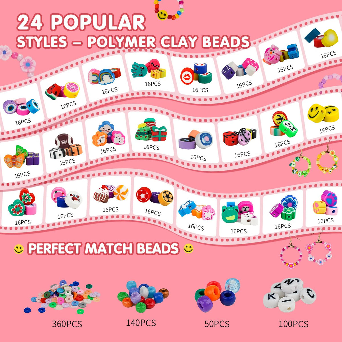 1000PCS Polymer Clay Beads Bracelet Making kit, 24 Style Cute Fun Fruit Flower Rainbow Butterfly Animal Heart Star Beads Charms for Jewelry Necklace Making Gift for Girls Kids