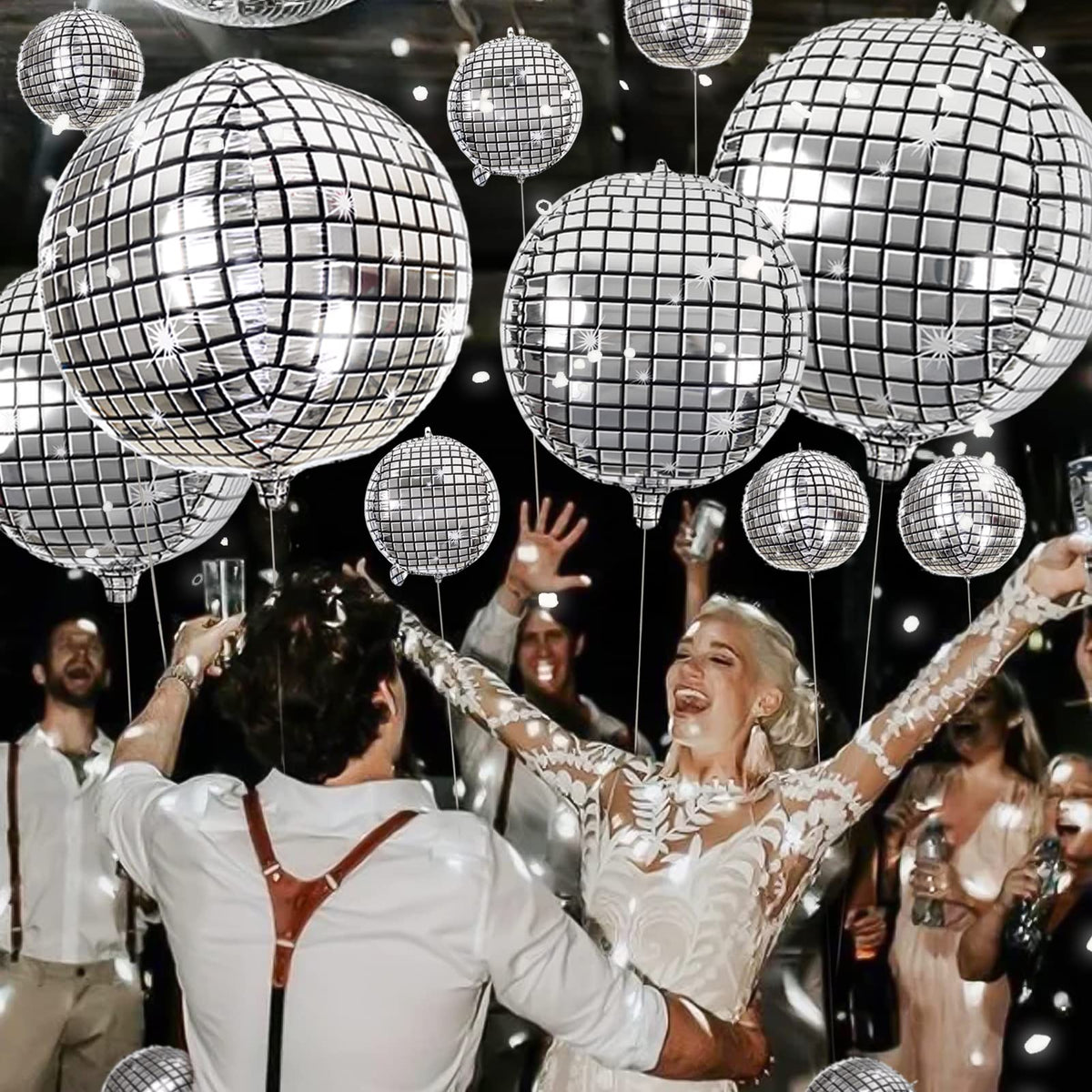 20Pcs Disco Ball Balloons Different Sizes- 4D Large Disco Balloons 32” 22” 10 Inch Assorted Round Metallic Silver Disco Mylar Balloons for 70s 80s Disco Themed Birthday New Year's Party Decor Supplies