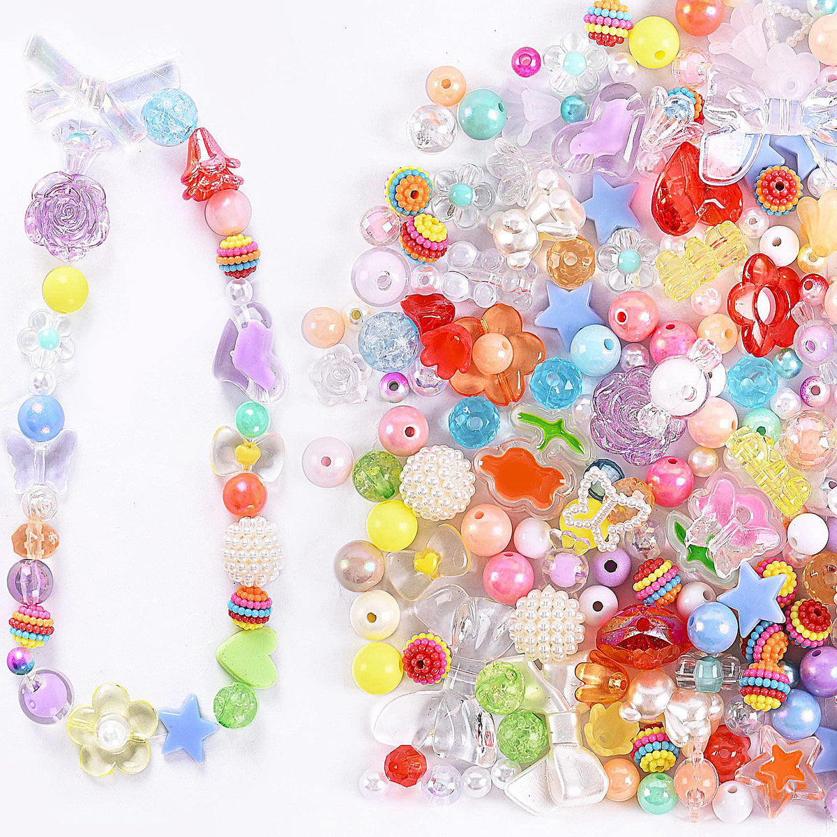 120Pcs Acrylic Assorted Beads Mix Color Flower Heart Butterfly Candy Beads Pastel Beads Candy Color Plastic Beads Cute Round Beads Bulk for Bracelets Jewelry Making Necklaces DIY Crafts