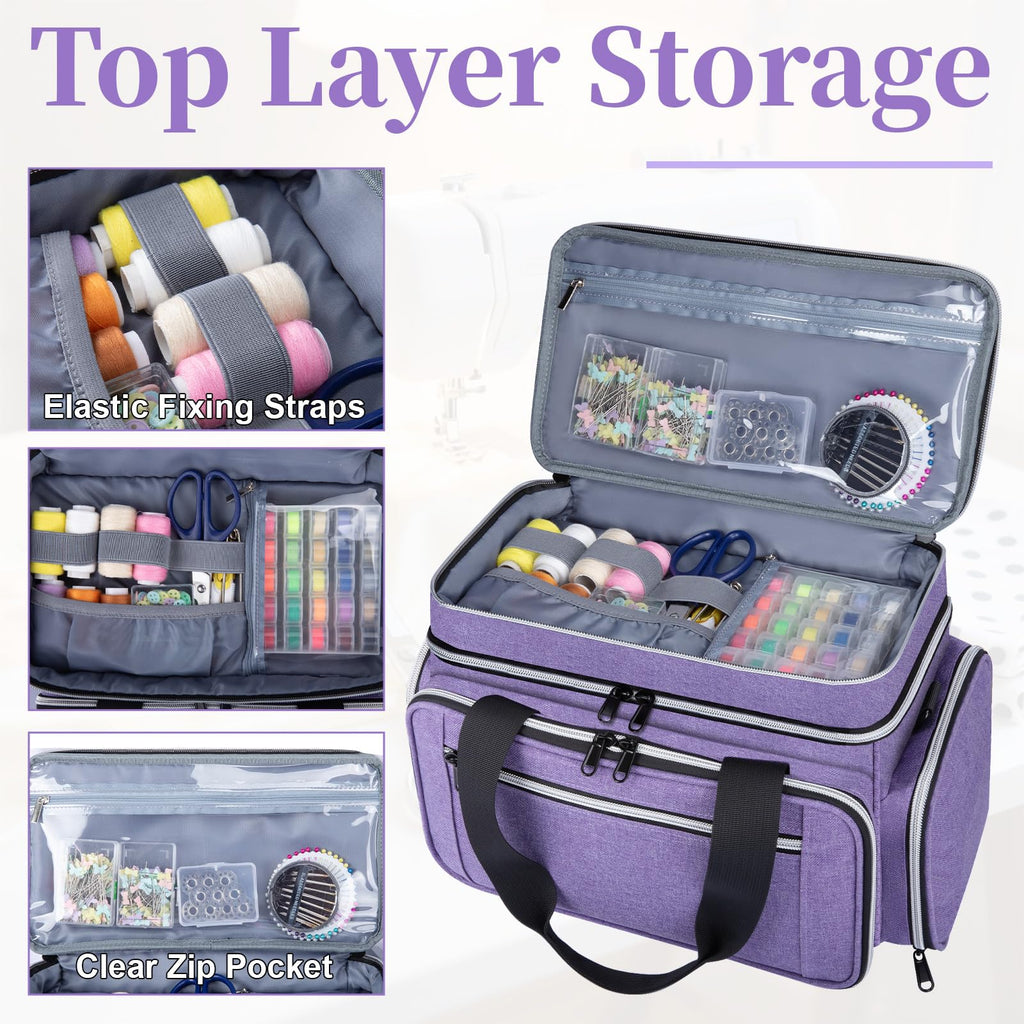 Large Sewing Supplies Organizer, Double Layer Sewing Storage Organizer with Two Detachable Dividers, Travel Sewing Bag Organizer with Shoulder Strap for Accessories, Purple, (Bag Only)