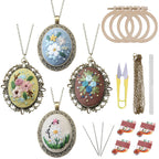 4 Packs Embroidery Necklace Kits, Embroidery Pendant Kit Mini Cross Stitch Kit with 4 Hoops, Necklace, Pendant, Stamped Pattern Cloth, Instructions, etc., Embroidery Kits for Adults
