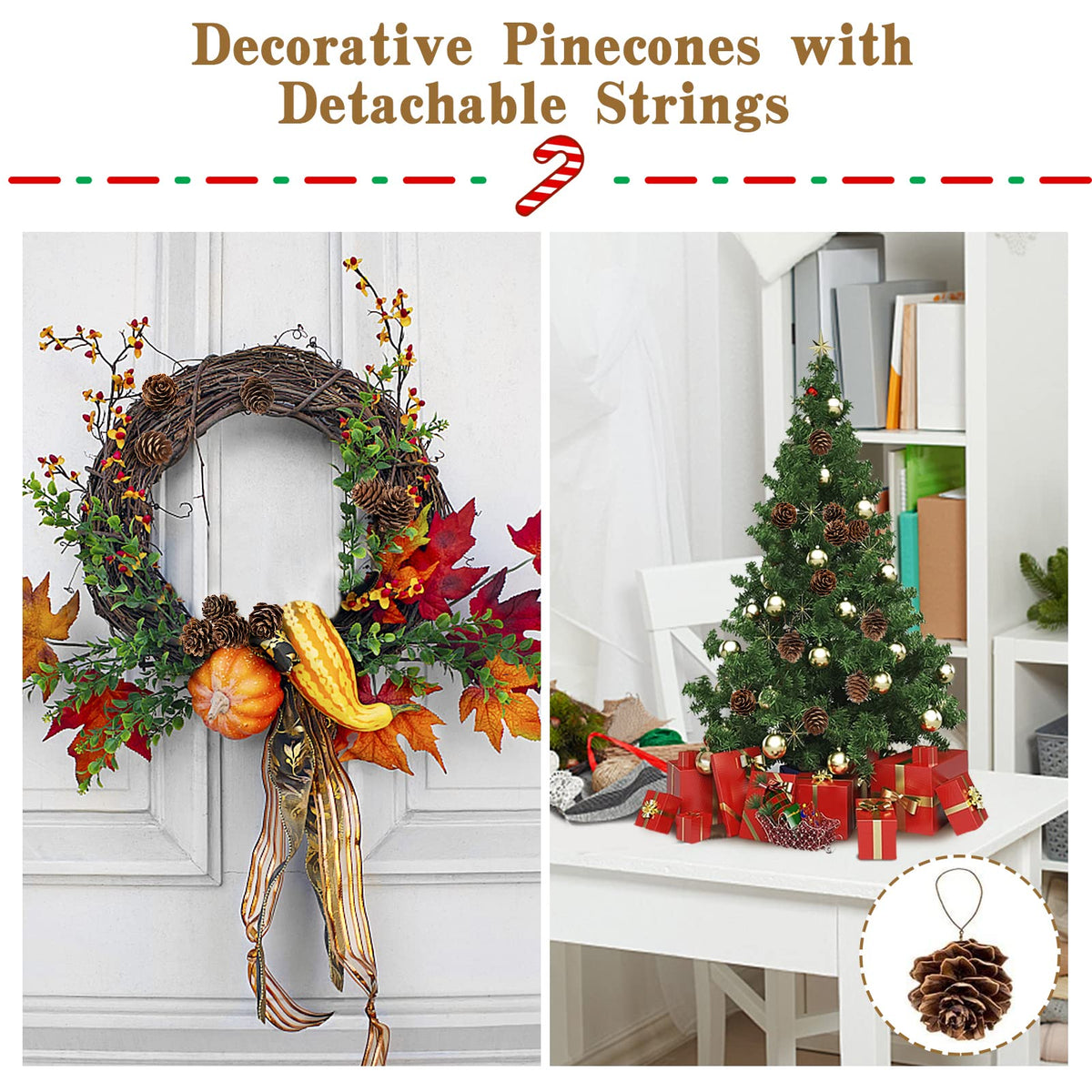 1" Natural Mini Pine Cones Christmas Ornaments - 40 Pcs Hanging Pinecone Crafts with Strings, Bulk Rustic Yule Decoration for Tree Table Garland Wreath Gift Tag Vase Filler