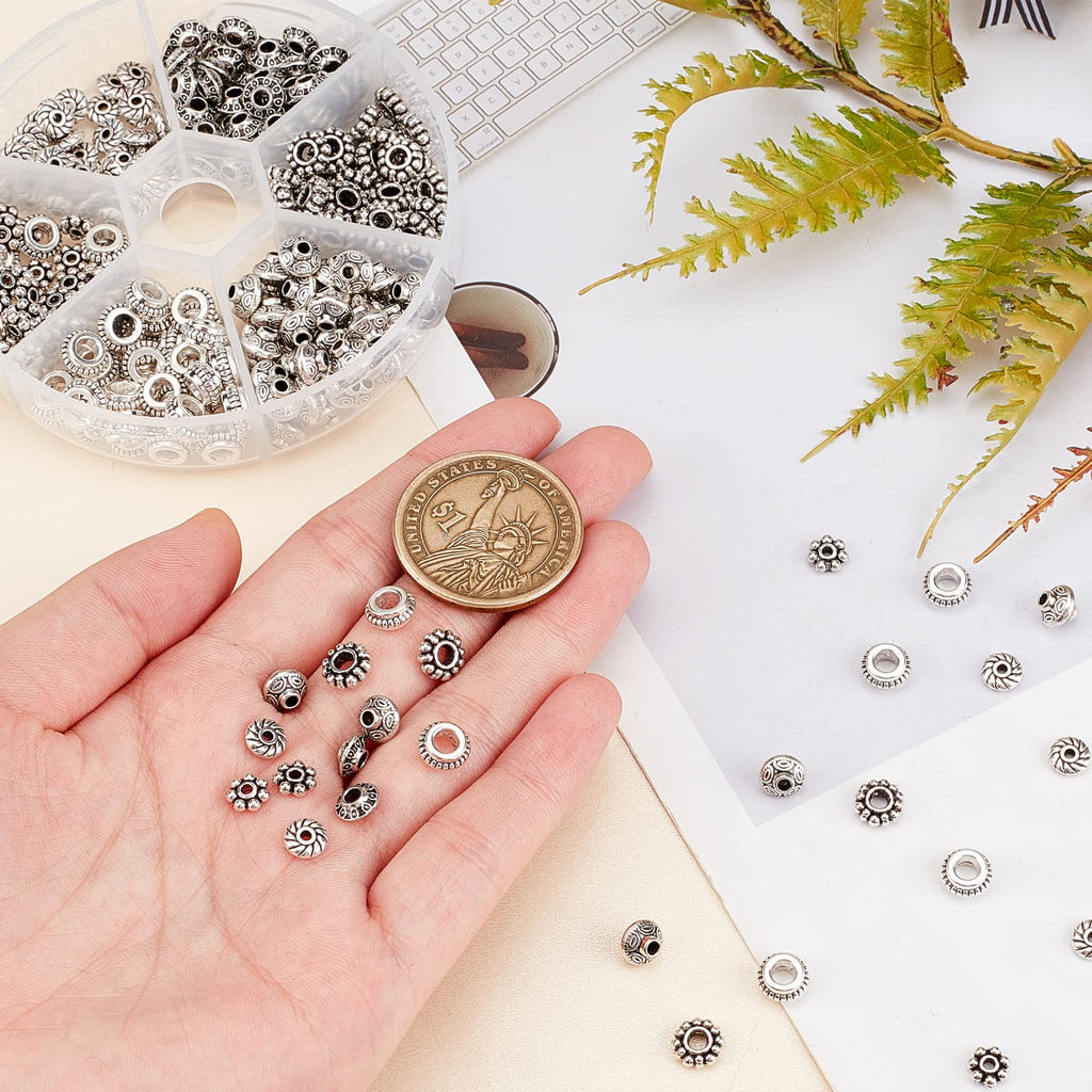 PH PandaHall 300pcs 6 Style Antique Silver Spacer Beads, Tibetan Metal Alloy Tube Spacers Flower Flat Rondelle Small Loose Beads for Bracelet Necklace Earring Jewelry Making Supplies