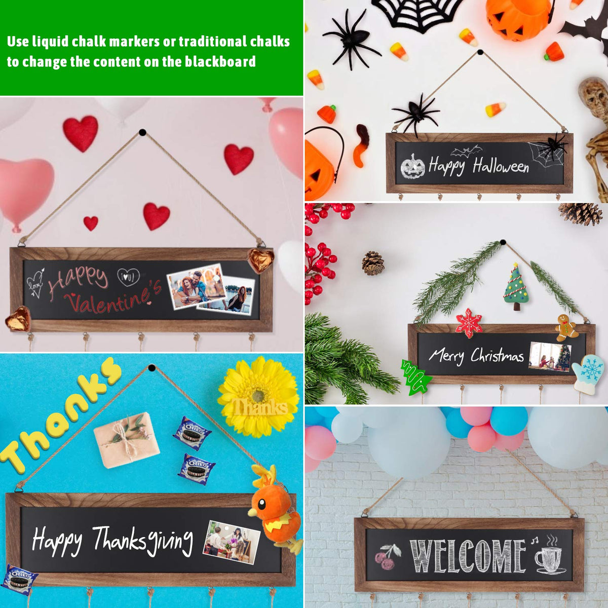 Bikoney Picture Frames Collage Photo Hanging Display Picture Board Wood Rustic Frames for Wall Decor and Dorm Room Decor with Blackboard and 30 Clips Carbonized Black