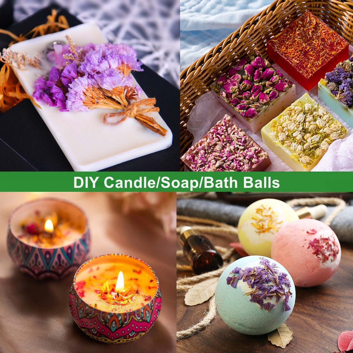 9 Bags Set Dried Flowers - Candle Making Soap Making DIY Candel Natural Flowers-Lemon,Lily,Don't Forget Me,Lavender,Mint Leaf,Rose Petal, Red Rose,Globe Amaranth,Chrysanthemum.