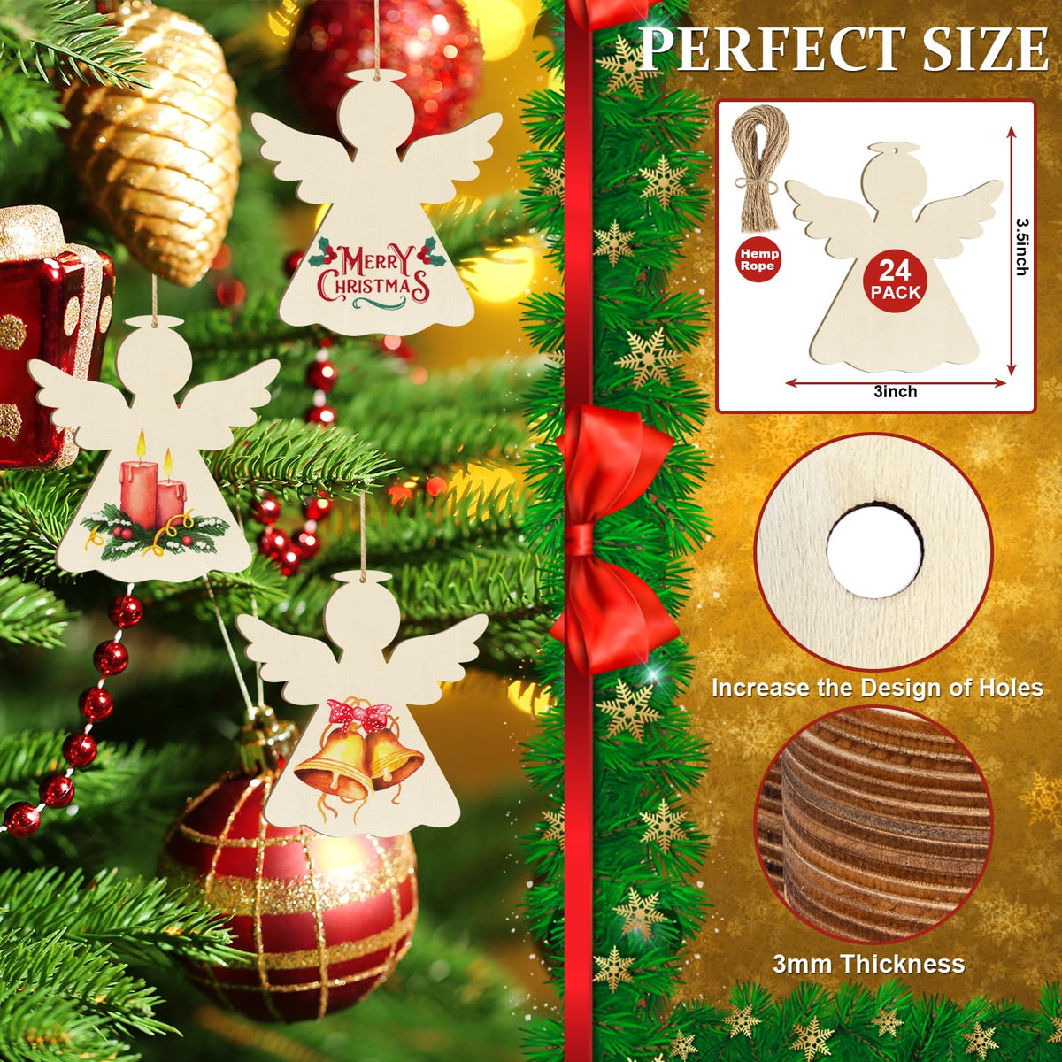 Wooden Christmas Ornaments to Paint - Angel Decoration Cutouts, Unfinished 24PCS, 3.5 x 3 inches, DIY Blank Unfinished Christmas Tree Wood Discs Ornament for Home Crafts Hanging