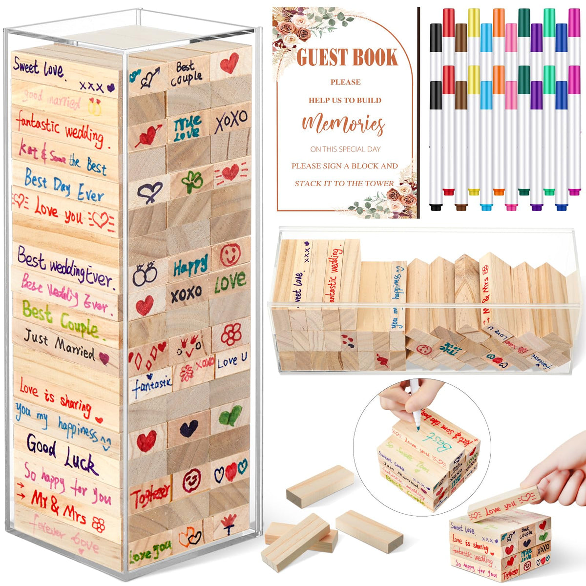 80 Pcs Wedding Guest Book Alternative Wooden Block Guest Book for Wedding Sign in Bridal Shower Decoration Wooden Block Bridal Shower Game for Sign in, Reception(Rustic)