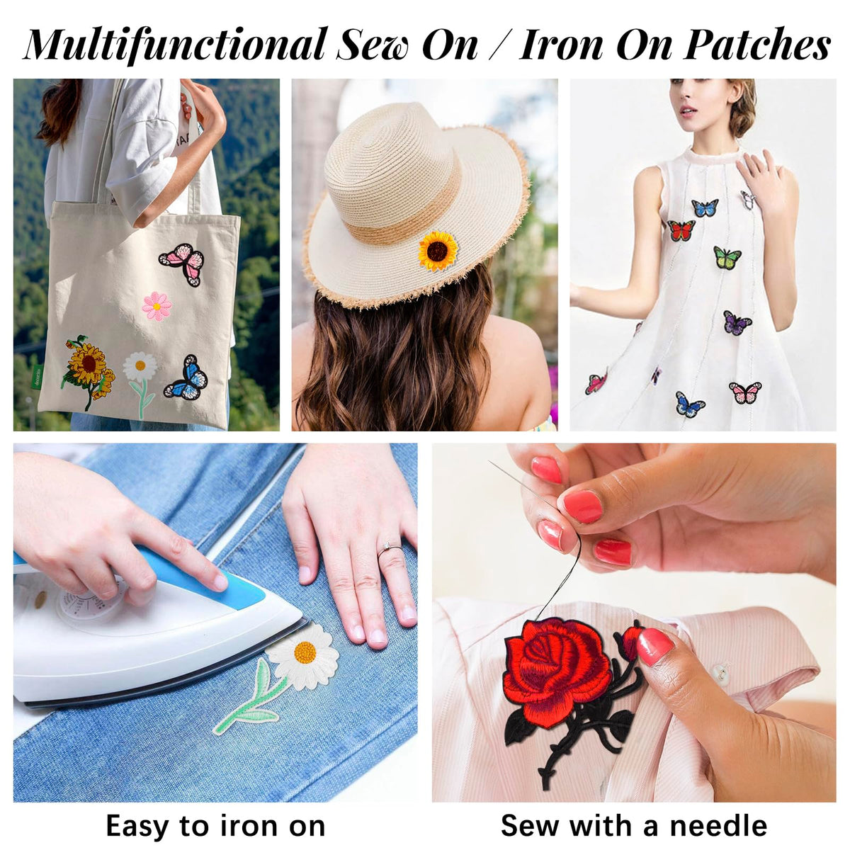 72 Pcs Embroidered Iron On Patches for Clothing, Butterfly Flower Iron On Patches Set, Bee Rose Daisy Embroidered Patches, Applique Patches for Clothes, Jackets, Jeans, Backpacks